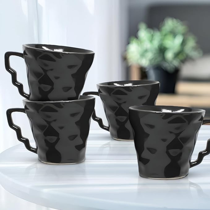 The Earth Store Black Diamond 4 Tea Cups Set and 2 Square Ceramic Snack Bowls for Serving Nuts, Dry Fruits, Desserts, Cereal, Ice Cream, Microwave Safe Small Snacks Serving Set of 6